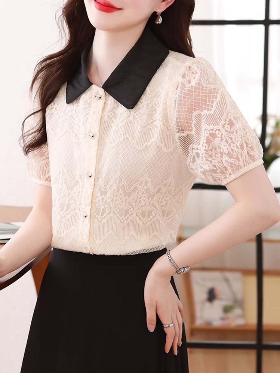 Contrast Lapel Lace Chic Top