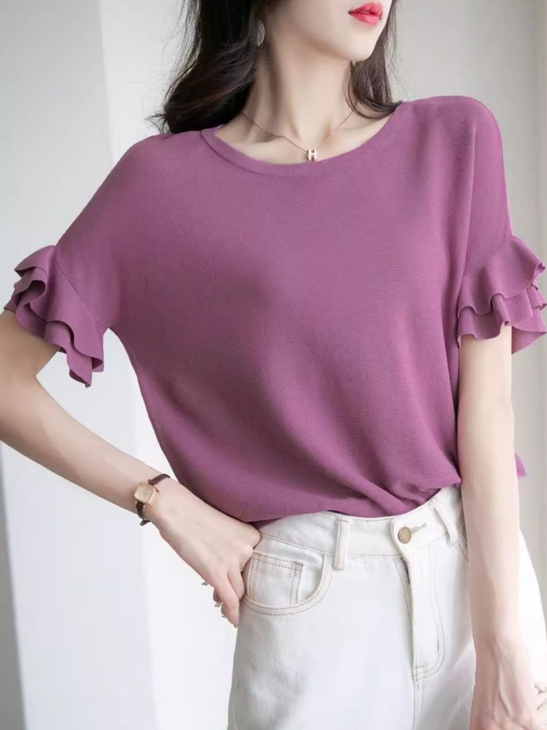 Elegant Ruffle Sleeves Crew Neck Knit Top