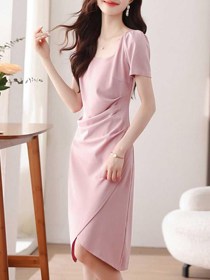 Solid Color Square Neck Slit Dress