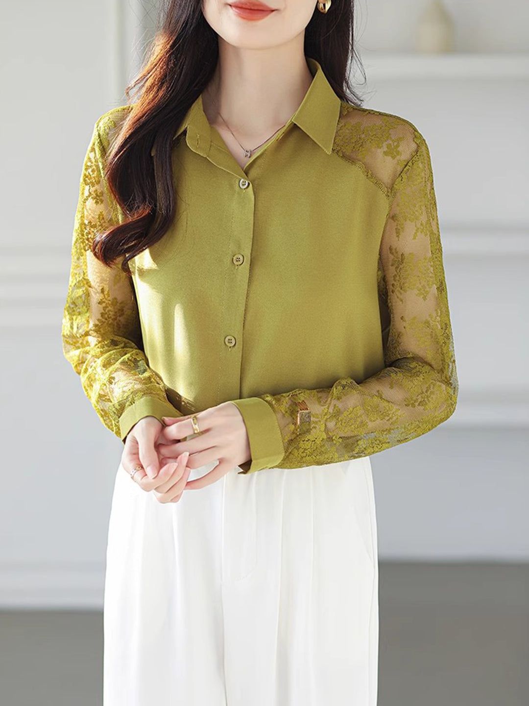 Lace Loose Lapel Chiffon Shirt
