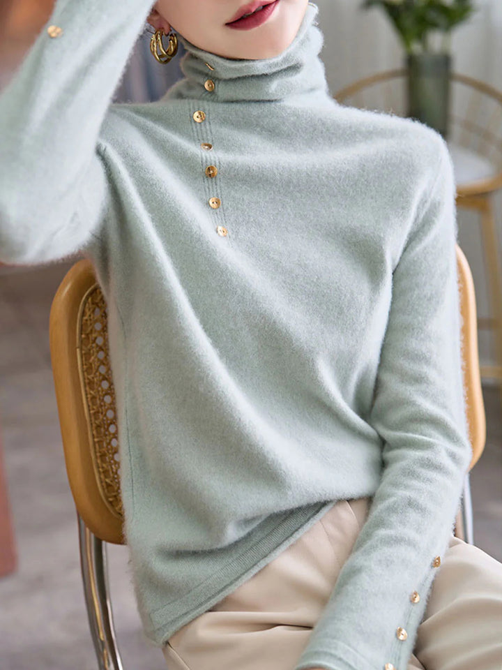 Vintage Buttoned Turtleneck Knitted Sweater - Blue