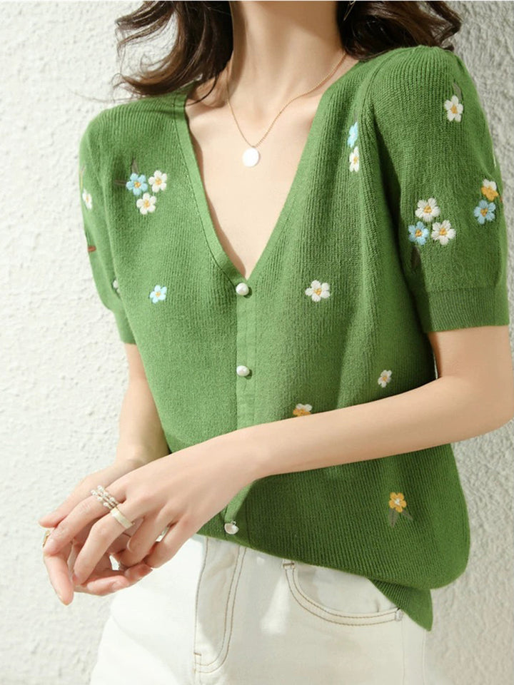 Embroidered Flower Knitted V-neck T-shirt - Green