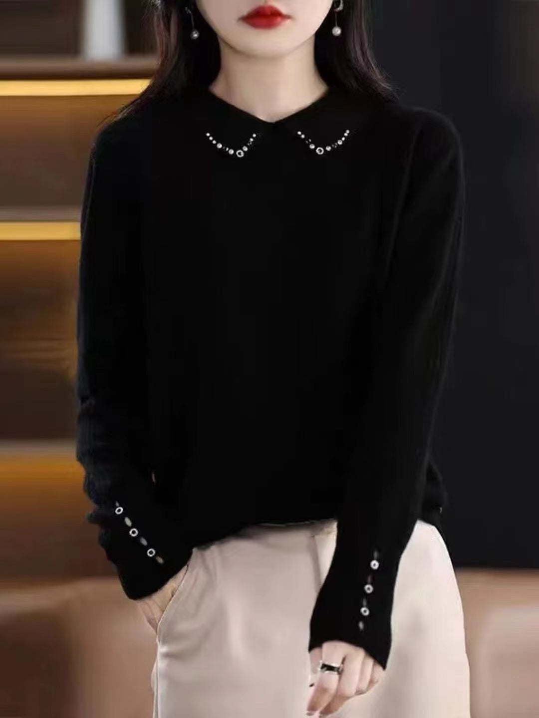 Lapel Beaded Button Sweater