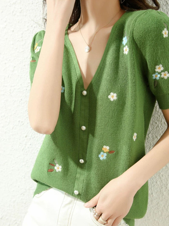 Embroidered Flower Knitted V-neck T-shirt - Green