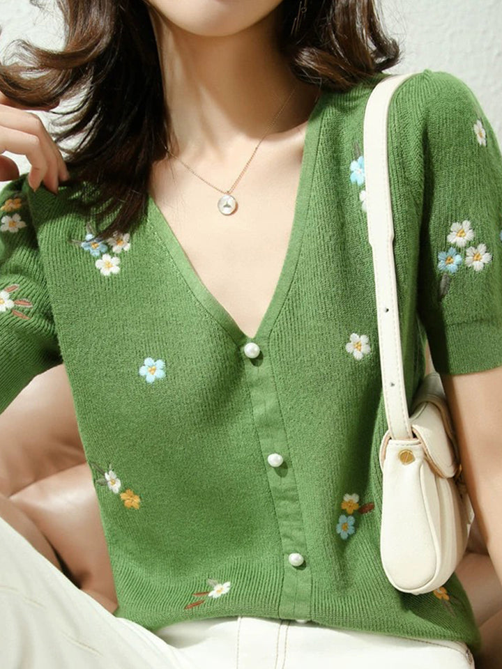 Embroidered Flower Knitted V-neck T-shirt - Green