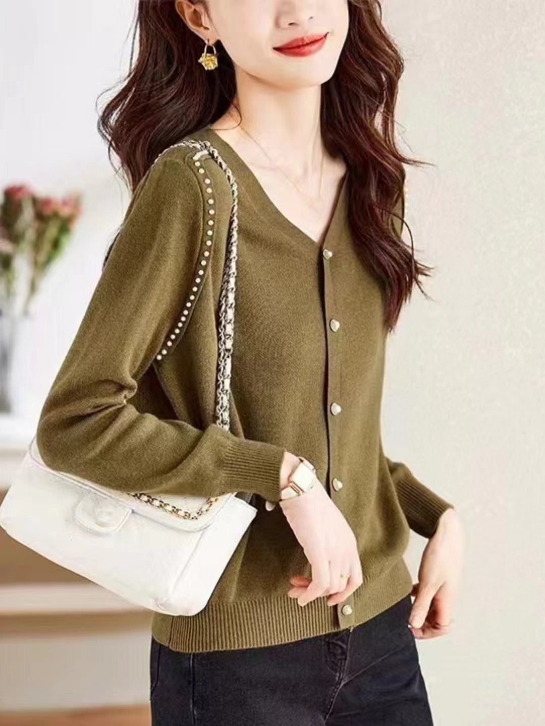 Loose V-Neck Button Knitted Top