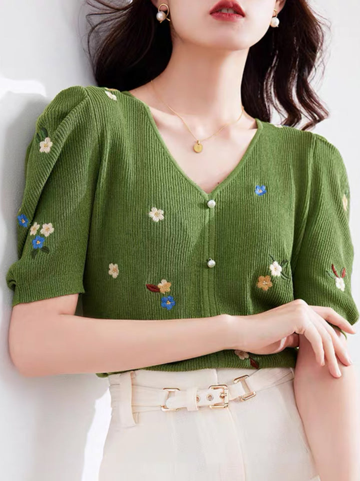 Embroidered Flower Knitted V-neck T-shirt - Green
