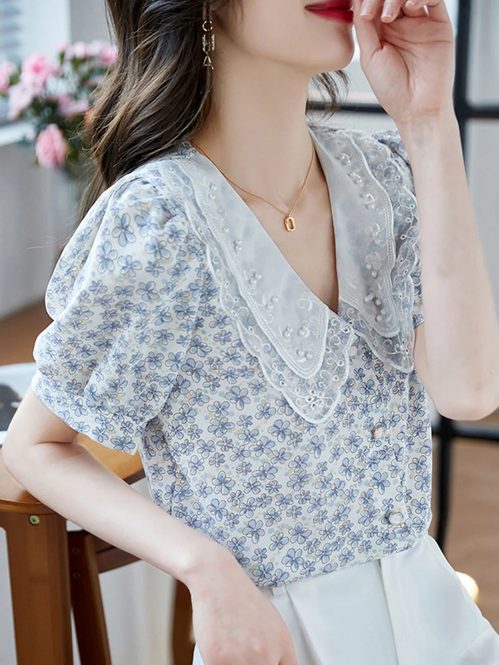 Classic Floral Printed Beaded Chiffon Shirt -Pink