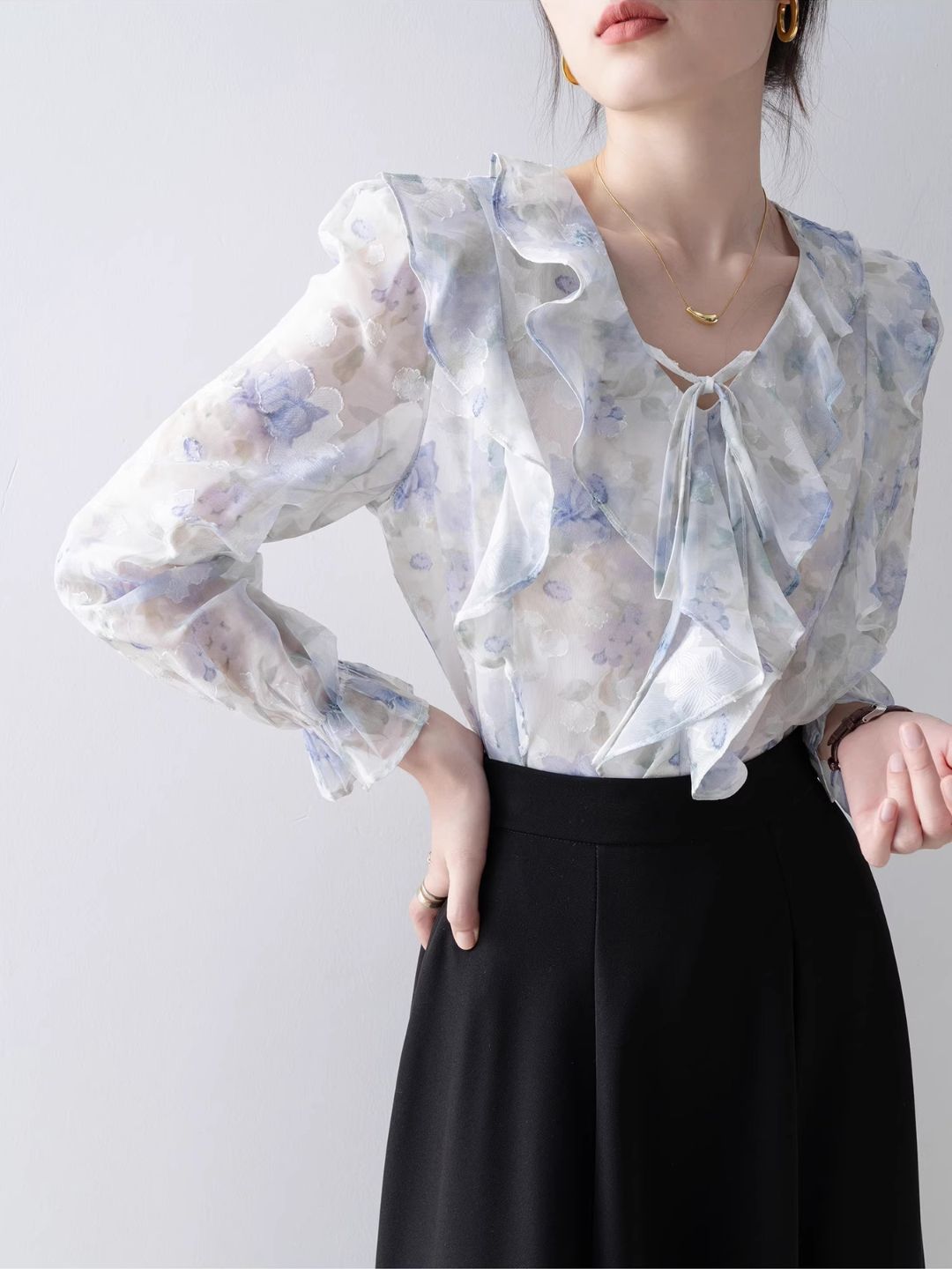 Elegant V-Neck Printed Chiffon Top
