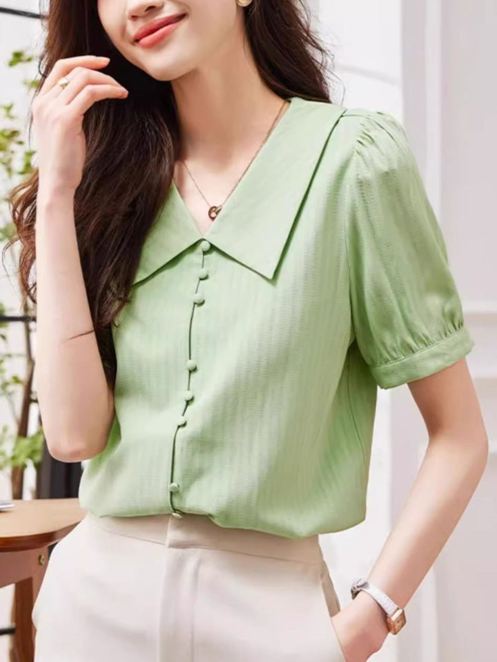 Green V-neck Puff Sleeve Top