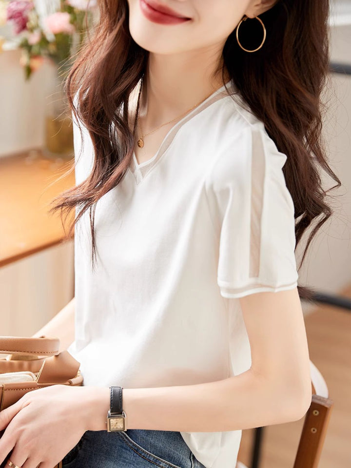 All-match V-neck White Short-sleeved