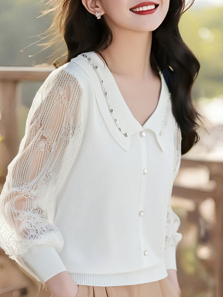 V-Neck Lace Sleeve Knitted Top