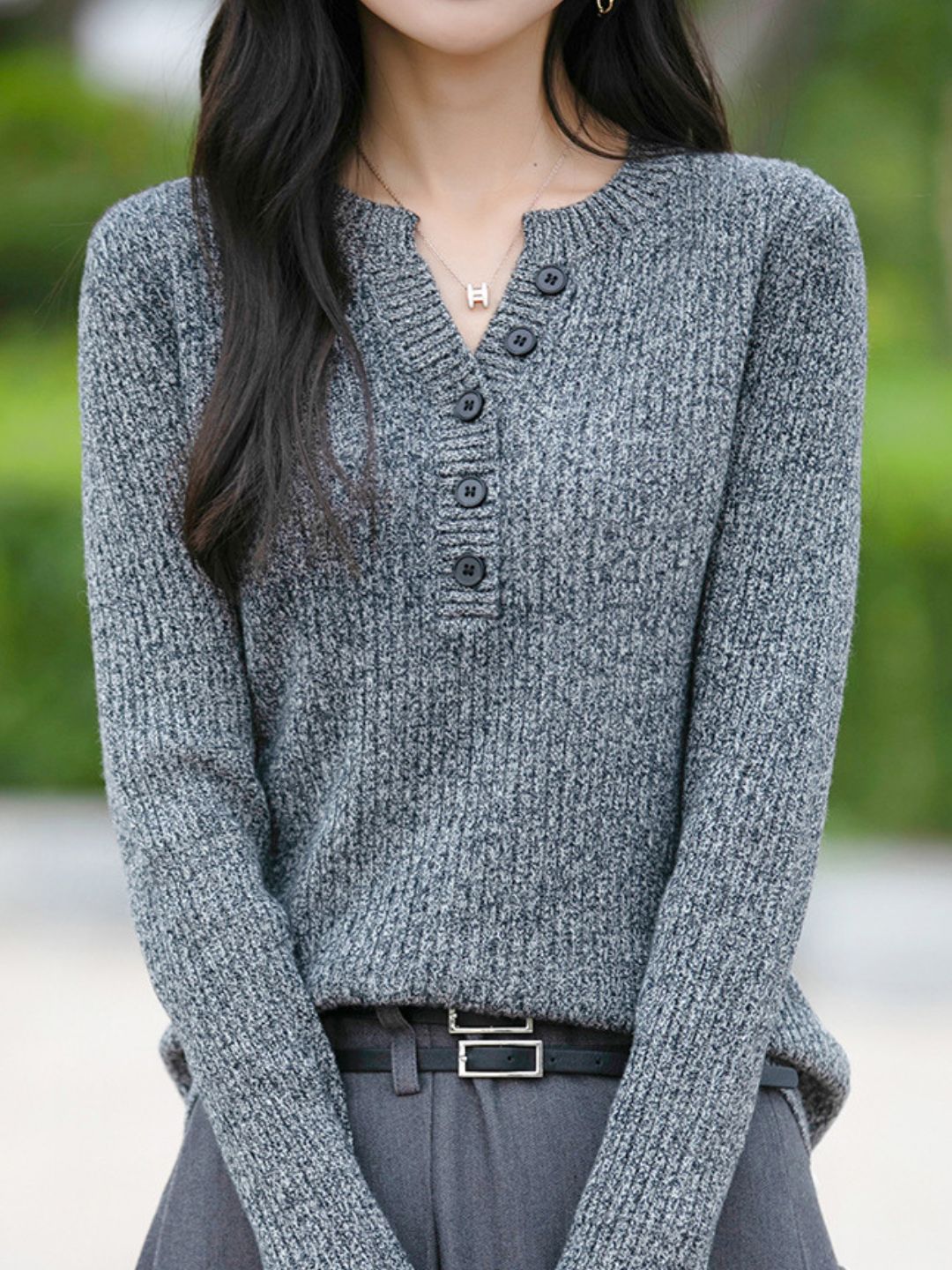 Slim Fit Half-Open V-Neck Sweater