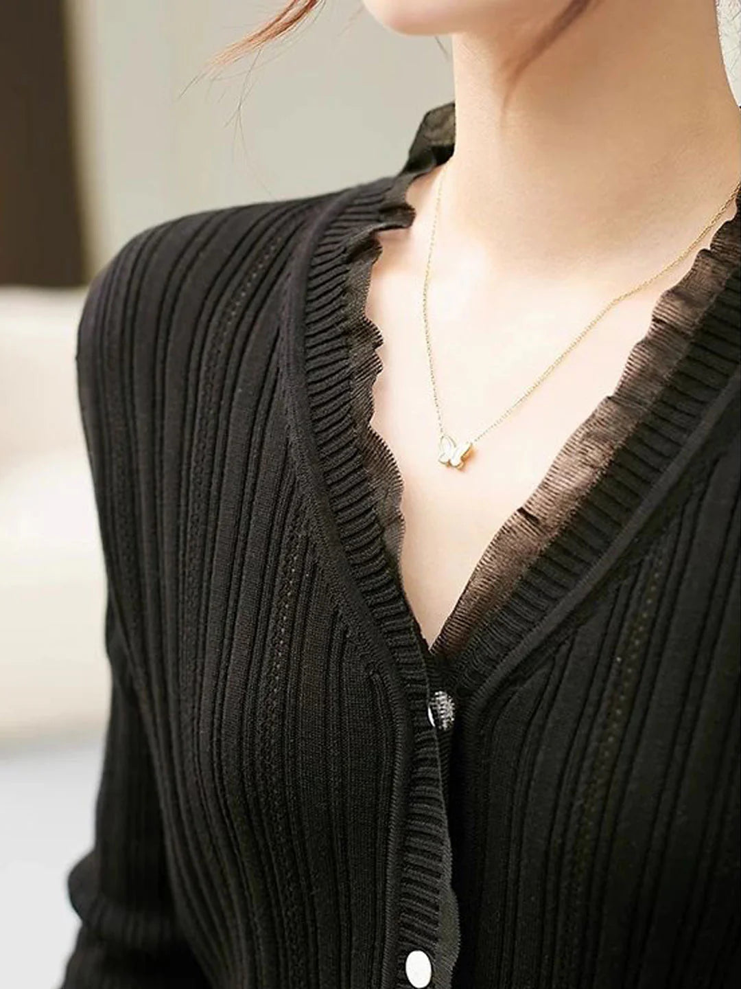 Vintage V-Neck Knitted Cardigan -Blue