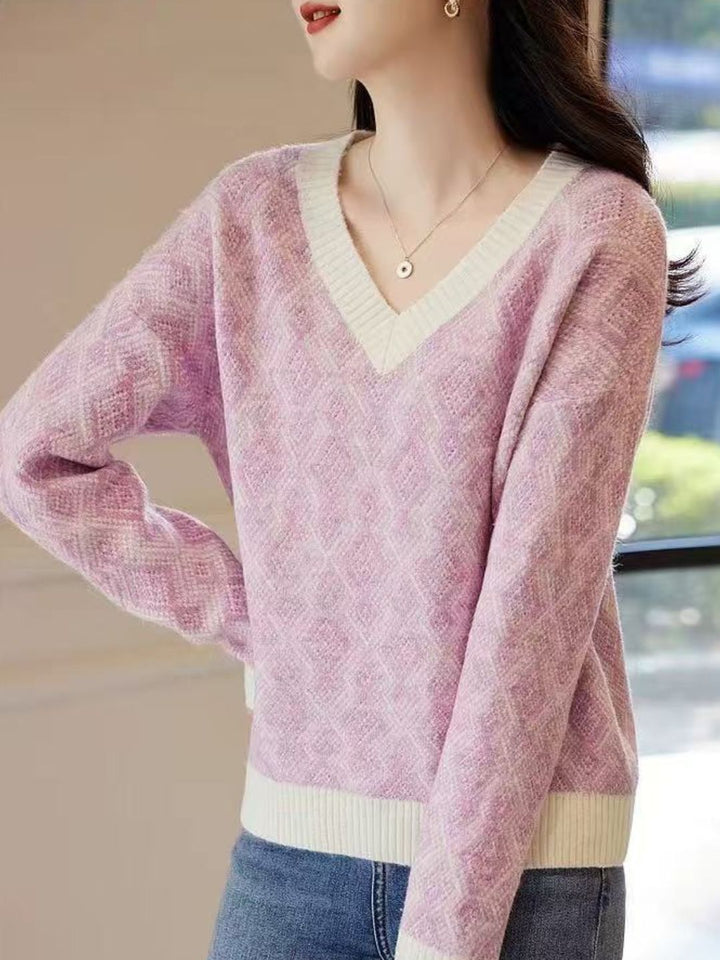 V-neck Contrast Check Sweater