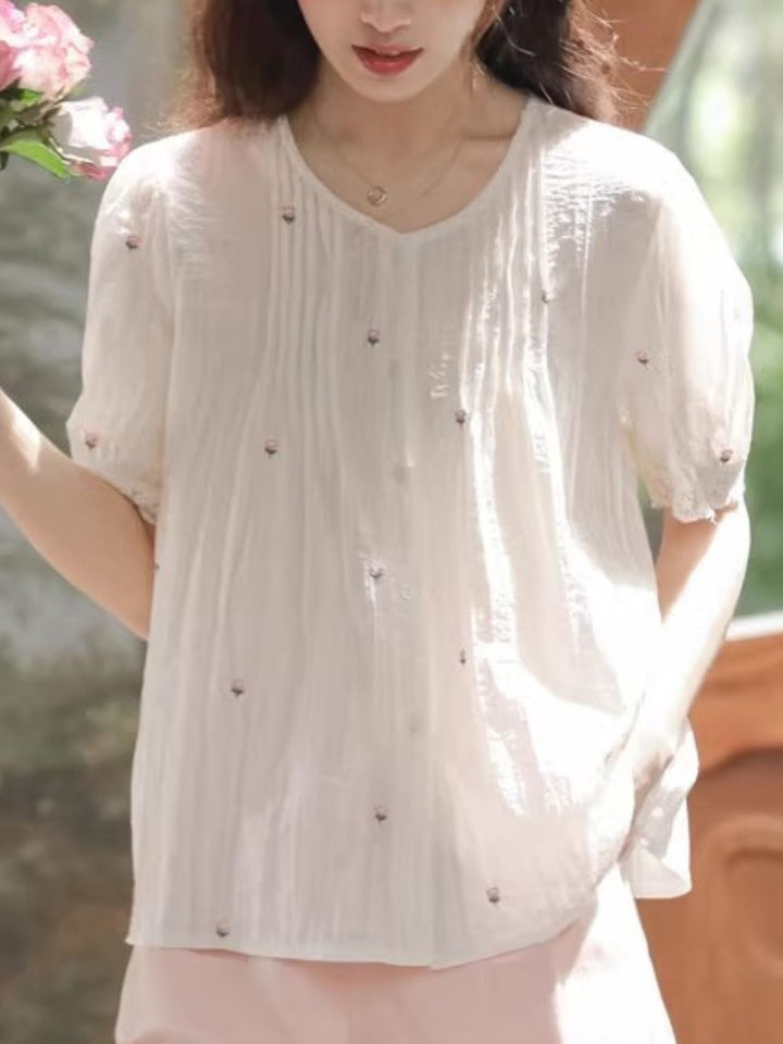 Round Neck Puff Short Sleeve Shirt