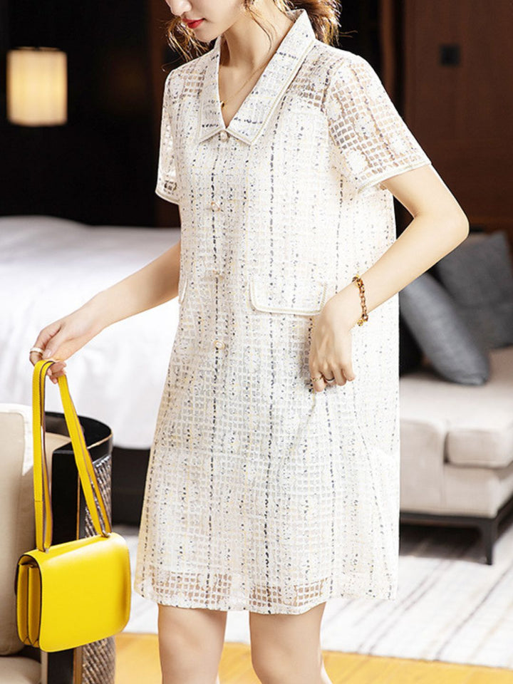 Hollow Lapel Mesh Splicing Dress