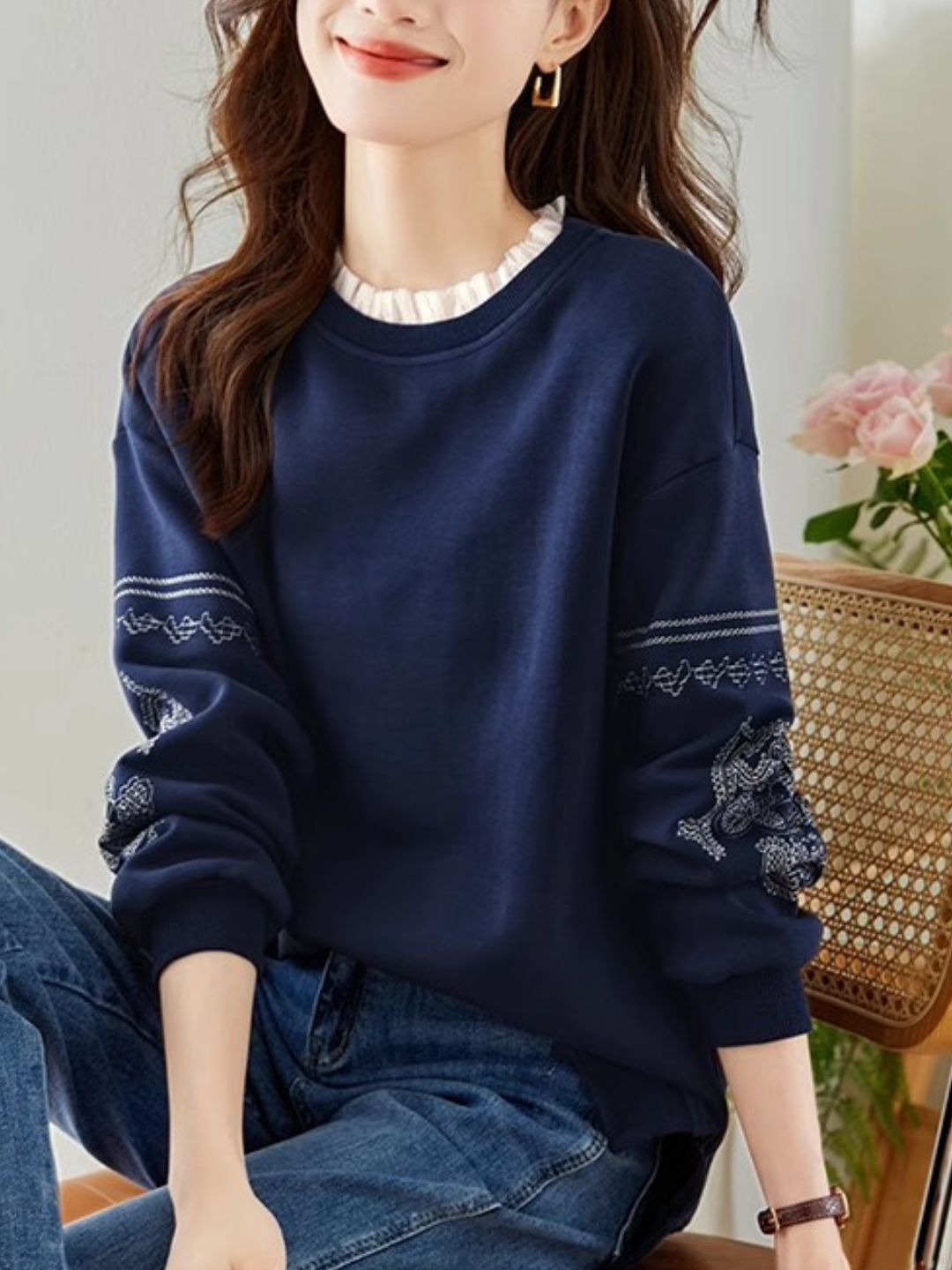 Lace Panel Embroidered Crew Neck Top