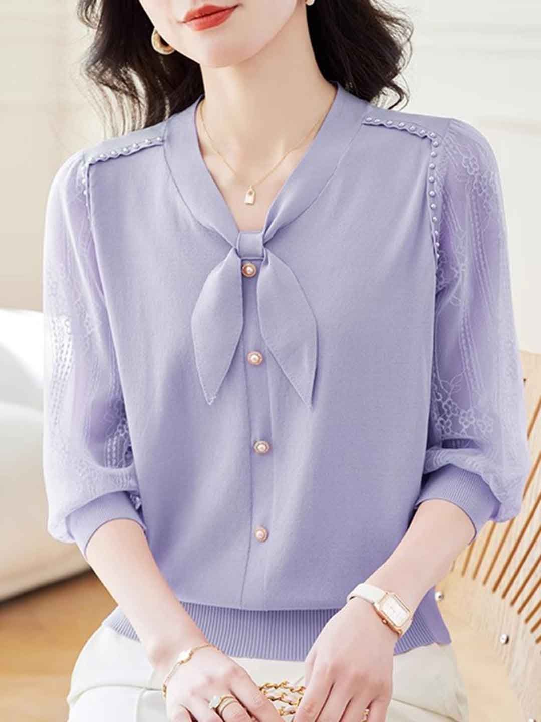 V-Neck Puff Sleeve Bow Lace Knitted Top