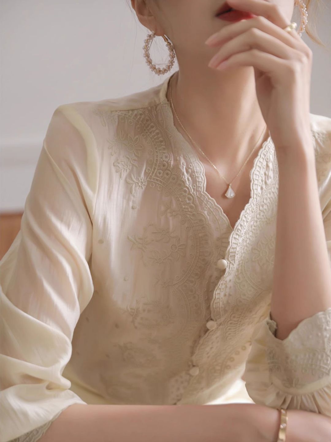 Embroidered lace V-neck Shirt Top