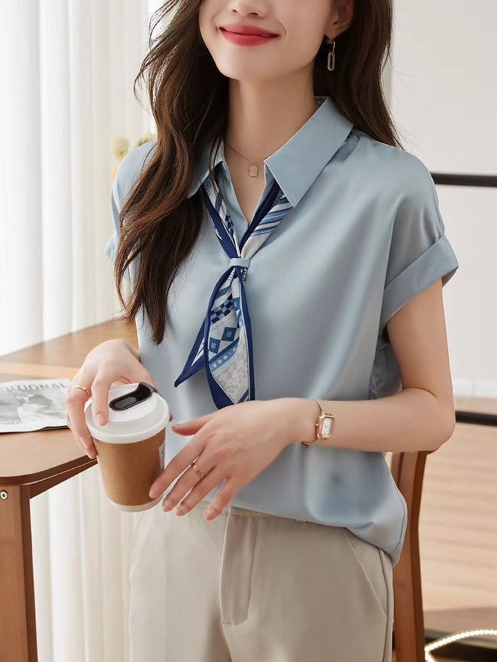 Classic Bow Chiffon Shirt -Blue