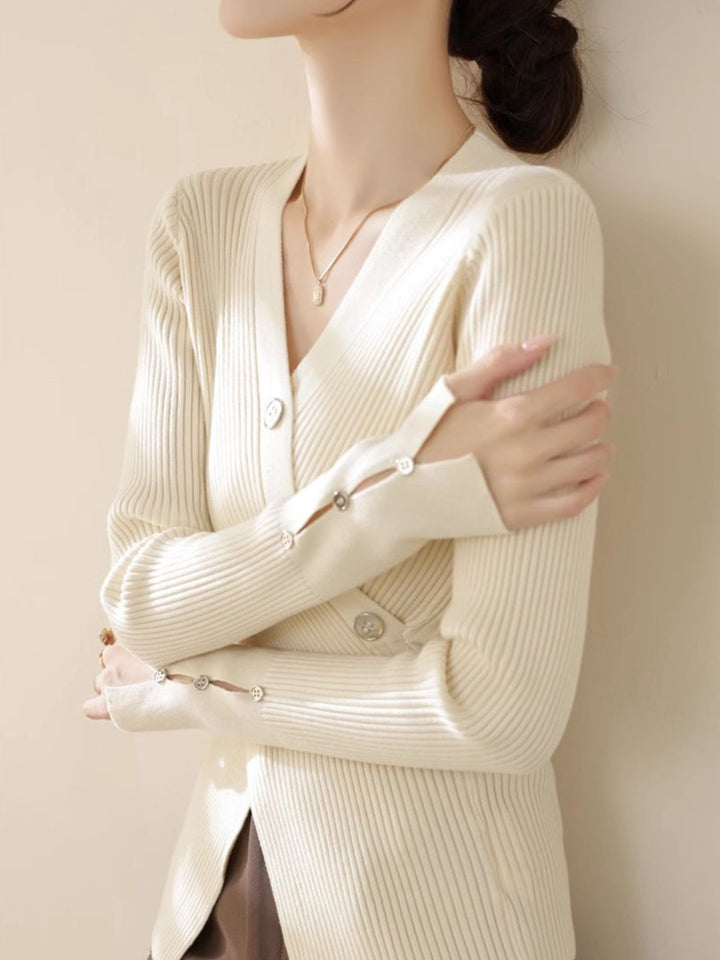 V-neck Cross Button Slit Sweater