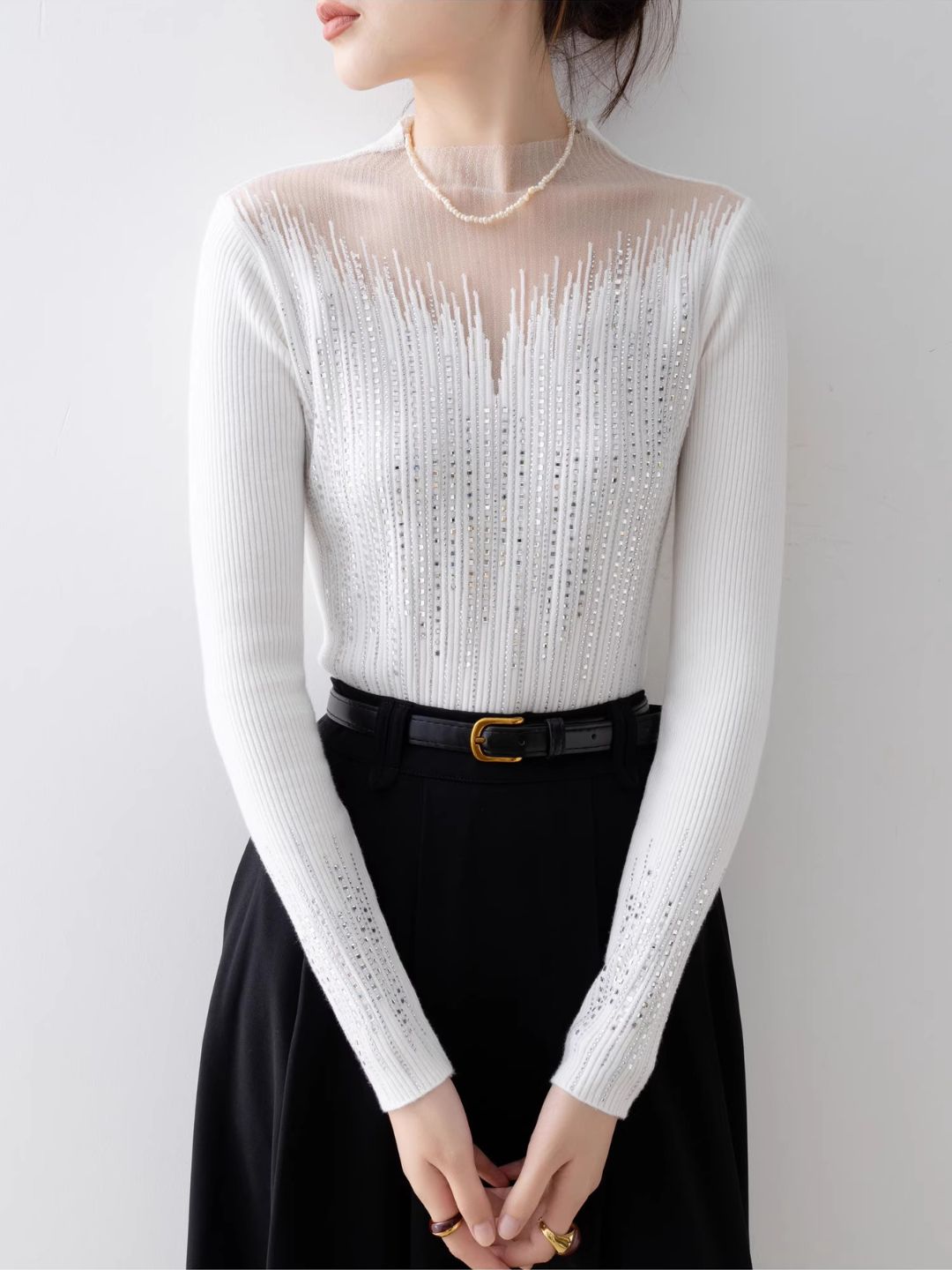 White Half Turtleneck Mesh Top