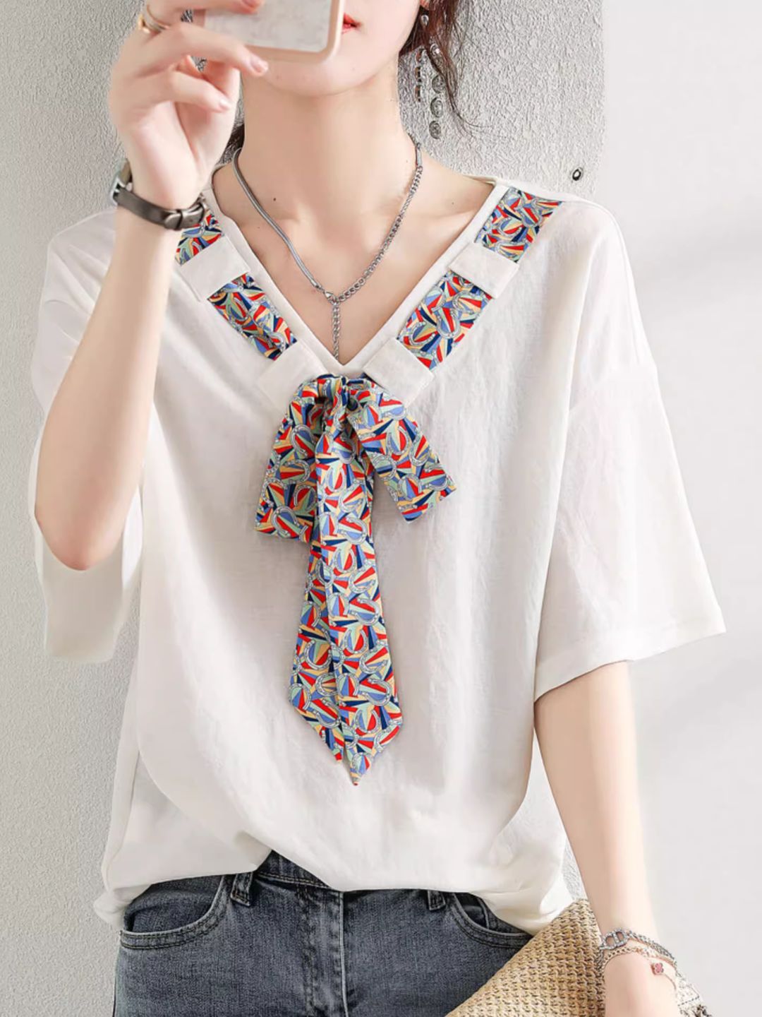 Loose Contrast Ribbon White T-shirt