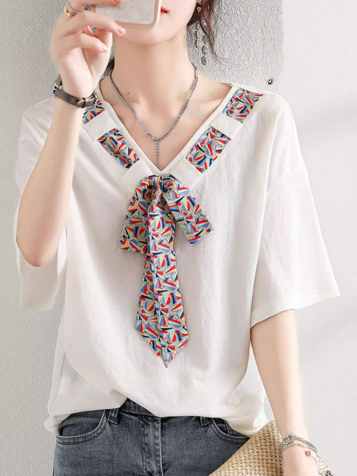 Loose Contrast Ribbon White T-shirt