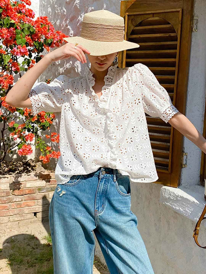 Elegant V-Neck Puff Sleeve Embroidered Top