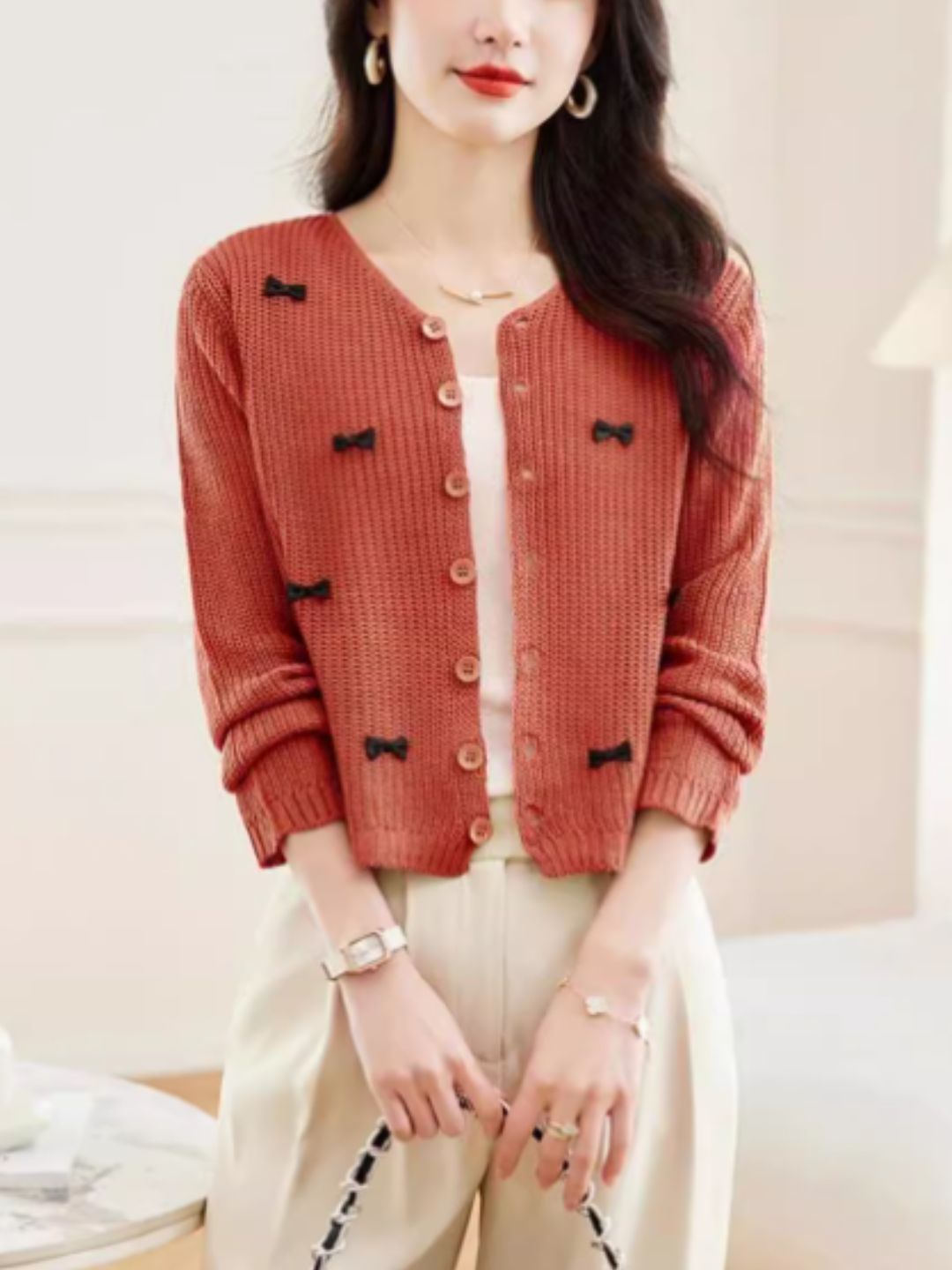 Classic Crew Neck Bow Knitted Top - Purple