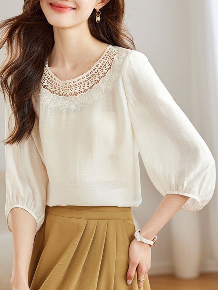 Retro Round Neck Solid Color Hollow Top