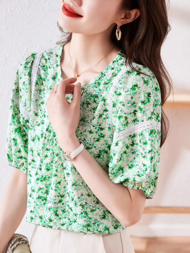 Round Neck Floral Puff Sleeve Chiffon Shirt - Green