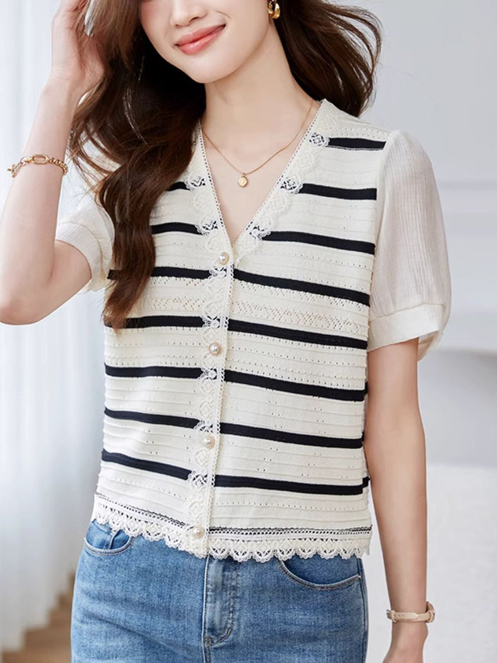 Striped Knit Cardigan Hollow Puff Sleeve Top