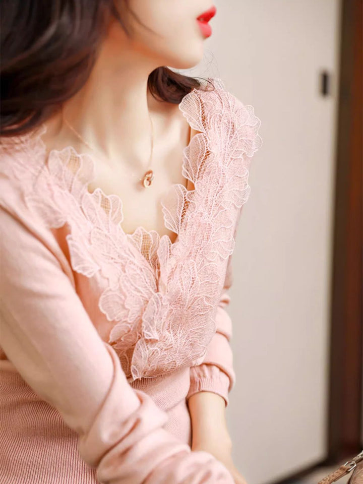 Elegant V-neck Lace Knitted Cardigan - Pink