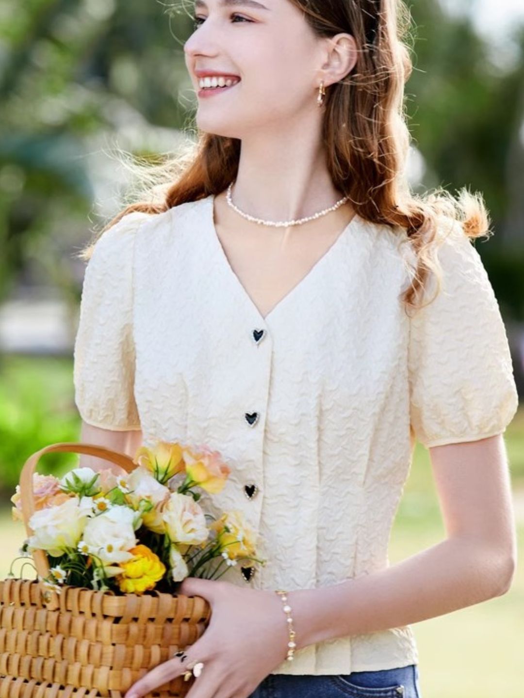 Heart Button V-neck Shirt