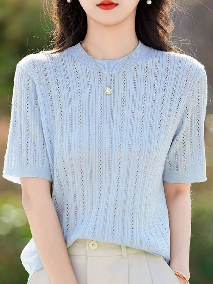 Solid Color Round Neck Thin Knitted Top - Blue