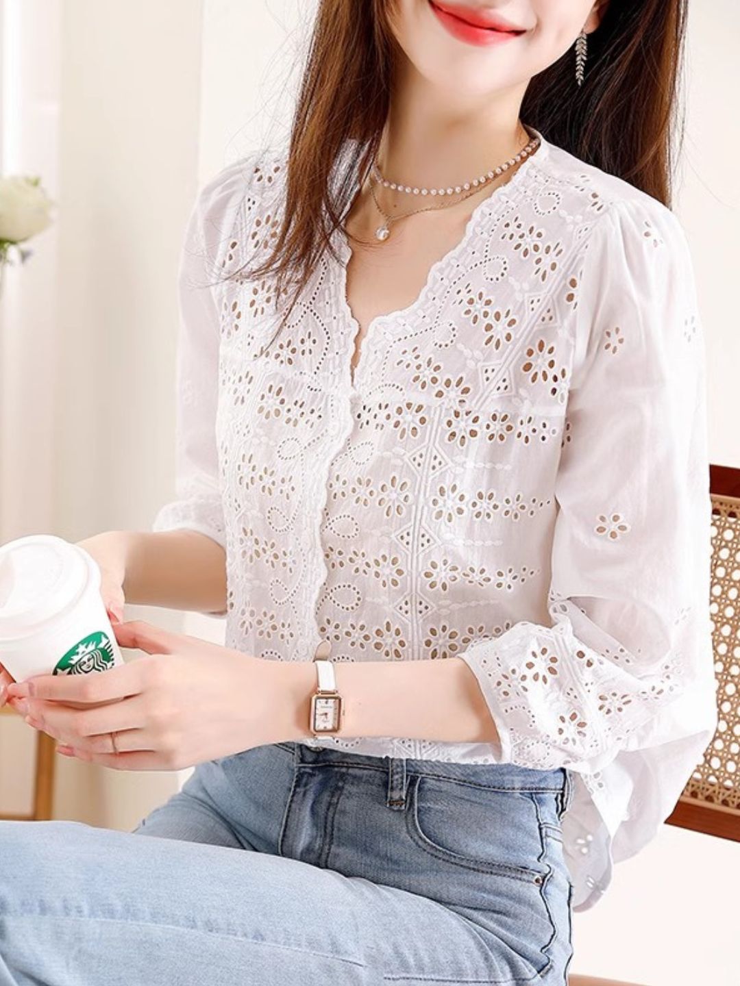Exquisite Hollow Embroidery Loose Shirt