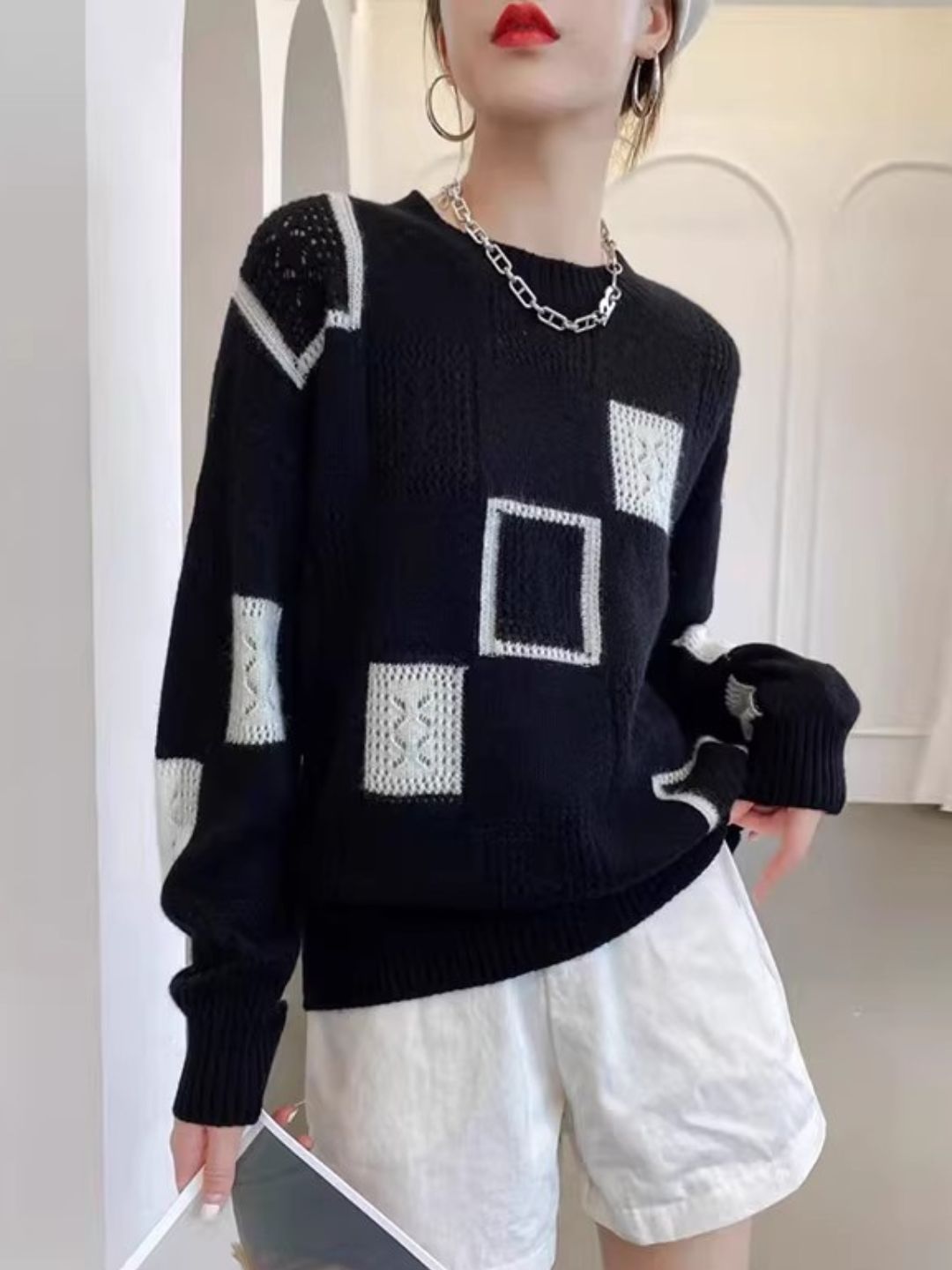 Colorblock Check Crew Neck Sweater