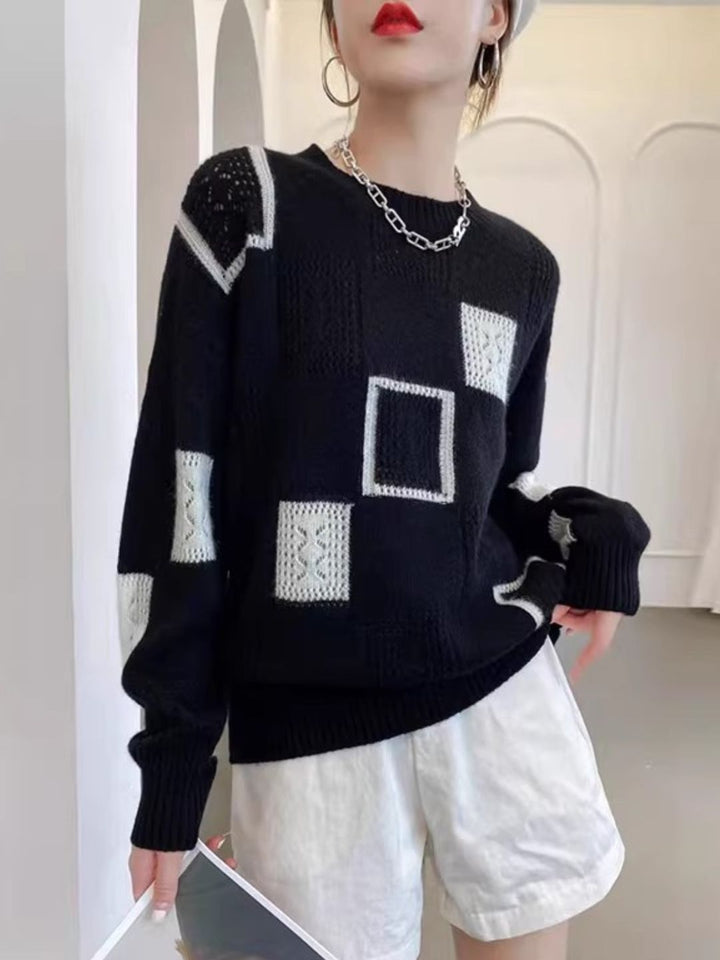 Colorblock Check Crew Neck Sweater