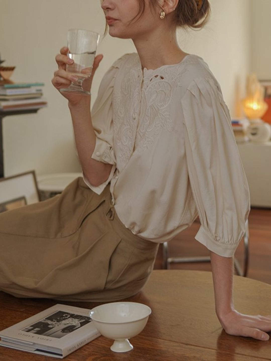 Lantern Sleeve Embroidered Shirt