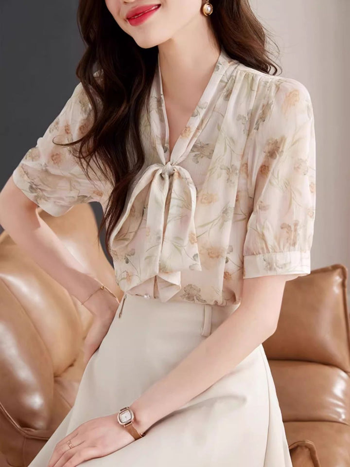 Bow Tie Floral Chiffon Shirt