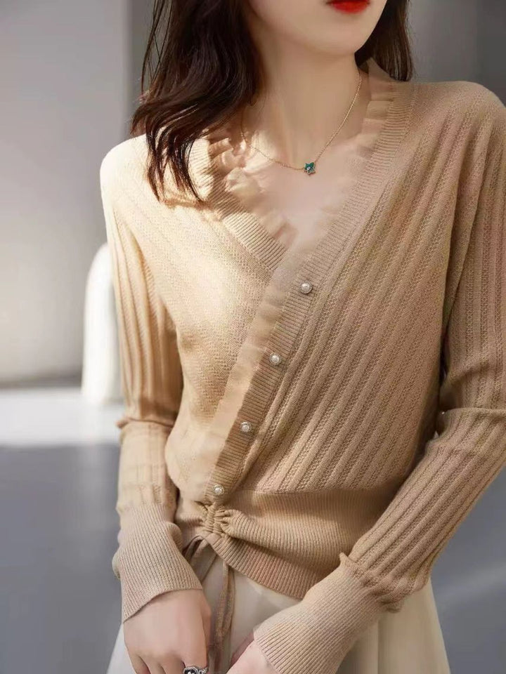 Classic Drawstring Auricular Knitted Top - Blue