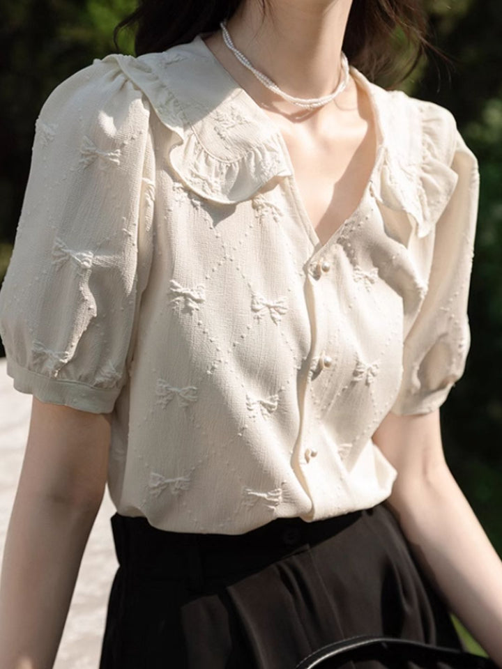 Bow Jacquard Short-sleeved Shirt