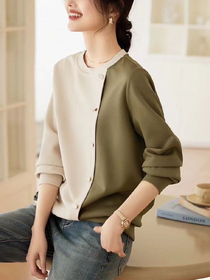 Round Neck Panelled Contrast Top - Green