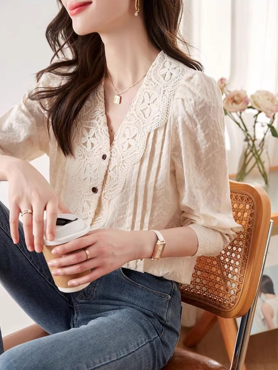 V-neck Lace Shirt Long Sleeve Top