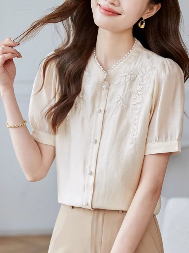 Embroidered Short Sleeve Chiffon Shirt - Apricot