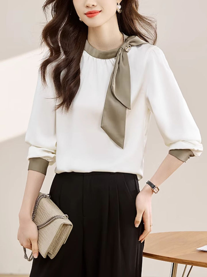 Gentle Colorblock Collar Bowknot Ribbon Top