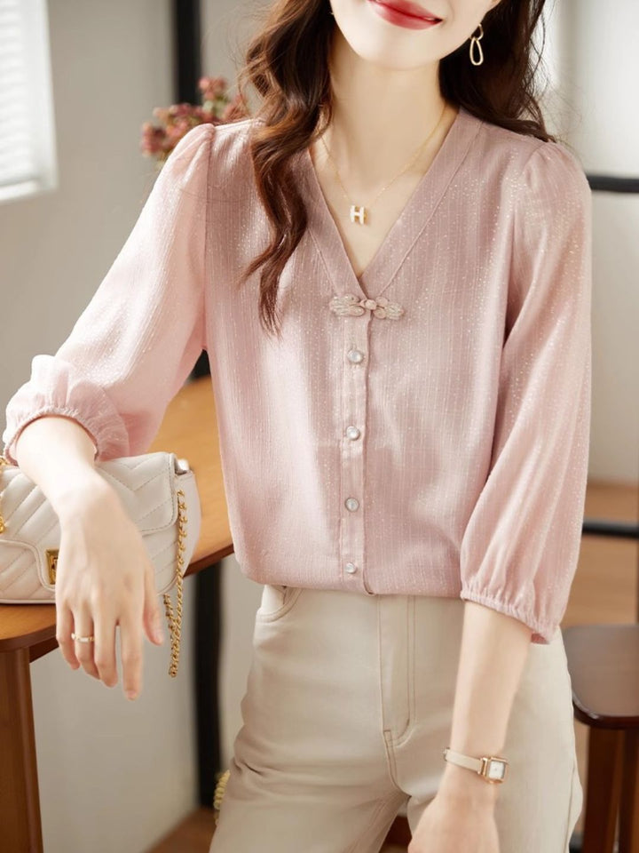 V-Neck Chiffon Shirt - Pink