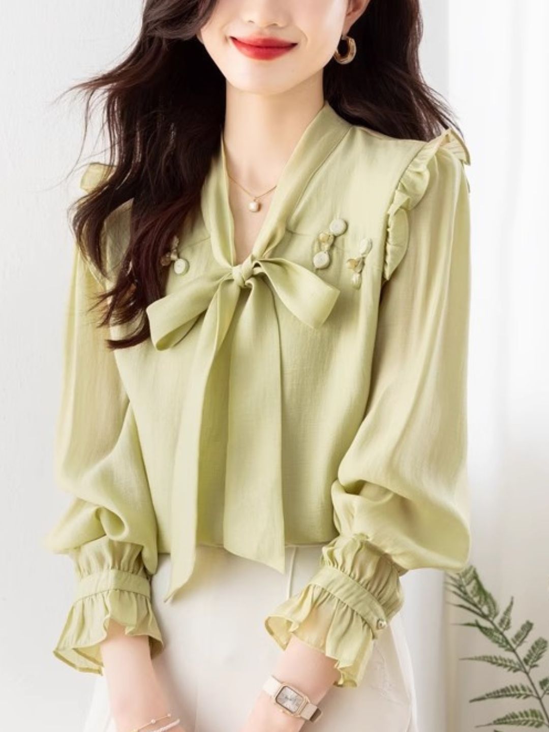 Chic Bow Chiffon Shirt - Green